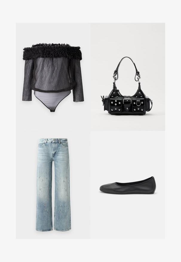 Hofmann Copenhagen EXCLUSIVE - Bluza - black; Svetlo modri široki jeans narejeni iz denima, z gradientnim barvnim učinkom in okrasitvami iz srebrnih rhinestones v vertikalnem vzorcu.; Črne usnjene balerinke z zaobljenim nosom, gladko teksturo, minimalnimi šivi in fleksibilno zasnovo podplata.; Črna usnjena torbica s ukrivljenim dizajnom, ki vsebuje srebrne žebljičke, zaponko in dve stranski žepki. Nastavljiv trak za različne možnosti nošenja.