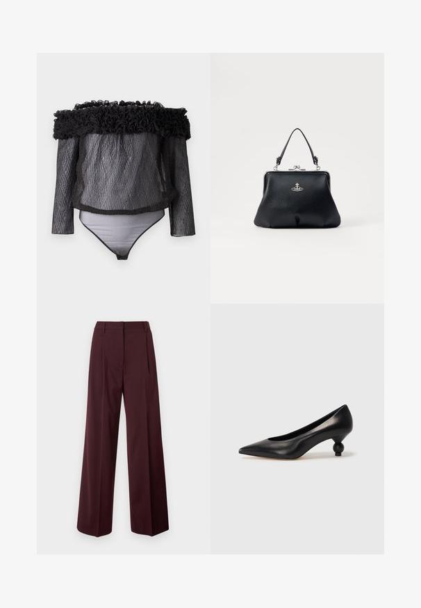 Hofmann Copenhagen - Bluzka; Szerokie spodnie o ciemnym burgundowym kolorze z gładką teksturą tkaniny. Charakteryzują się dopasowaną talią, przednimi zakładkami oraz brakiem widocznych elementów ozdobnych.; Czarna skórzana szpilka z ostrym czubkiem i okrągłym, kulistym obcasem. Gładka tekstura z eleganckim, minimalistycznym wzornictwem.; Czarna skórzana torebka o fakturowanej powierzchni, z metalowymi elementami w kolorze srebrnym, zapięciem na klamrę i krótkim uchwytem do noszenia. Kompaktowy i zorganizowany design.
