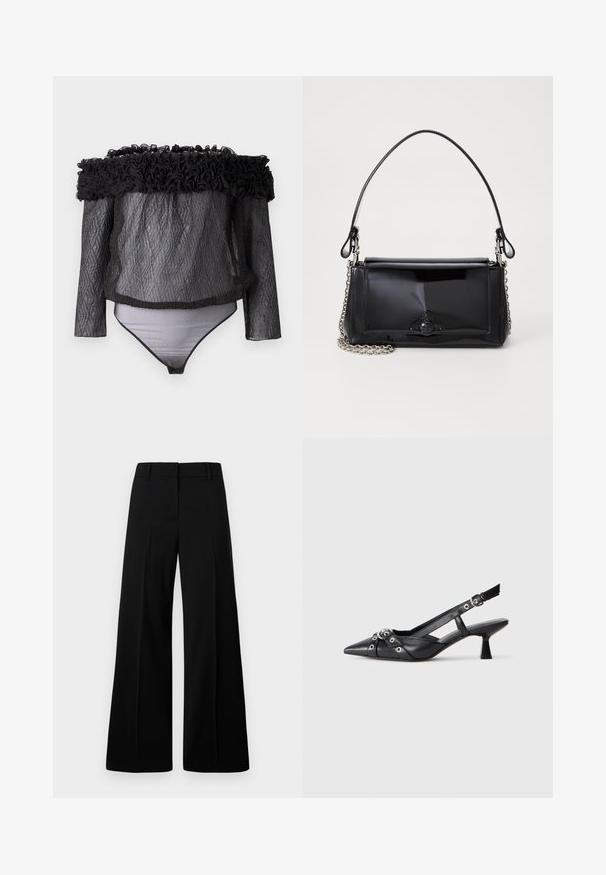Hofmann Copenhagen EXCLUSIVE - Blúzka - black; Čierne široké nohavice s hladkou textúrou, štruktúrovaným pásom a prednými záhybmi. Minimalistický dizajn bez viditeľného kovania.; Čierne kožené slingback topánky s špicatou špičkou, ozdobnými popruhmi s kovovými očkami a nízkym blokovým podpätkom. Textúrovaný povrch.; Čierna laková kožená kabelka s obdĺžnikovým tvarom, reťazovým popruhom a výrazným hardvérovým prvkom v strede. Hladká textúra.