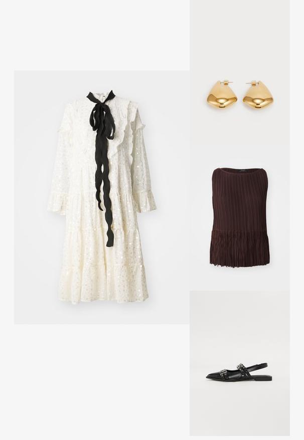 Brown pleated top with a round neckline and fringed hem. Made of lightweight material, features vertical and horizontal texture patterns.; White dress with ruffled collar and sleeves, featuring a black ribbon tie and a textured fabric with sequins. Tiered design with a flowing silhouette.; Even&Odd Slingback ballet pumps - black; Gold clutch purse with a smooth metallic finish, rectangular shape, and a simple clasp closure. No visible patterns or decorations.; Gold-tone metal earrings with a smooth, rounded triangular shape and post-back design; reflective surface with minimal detailing.