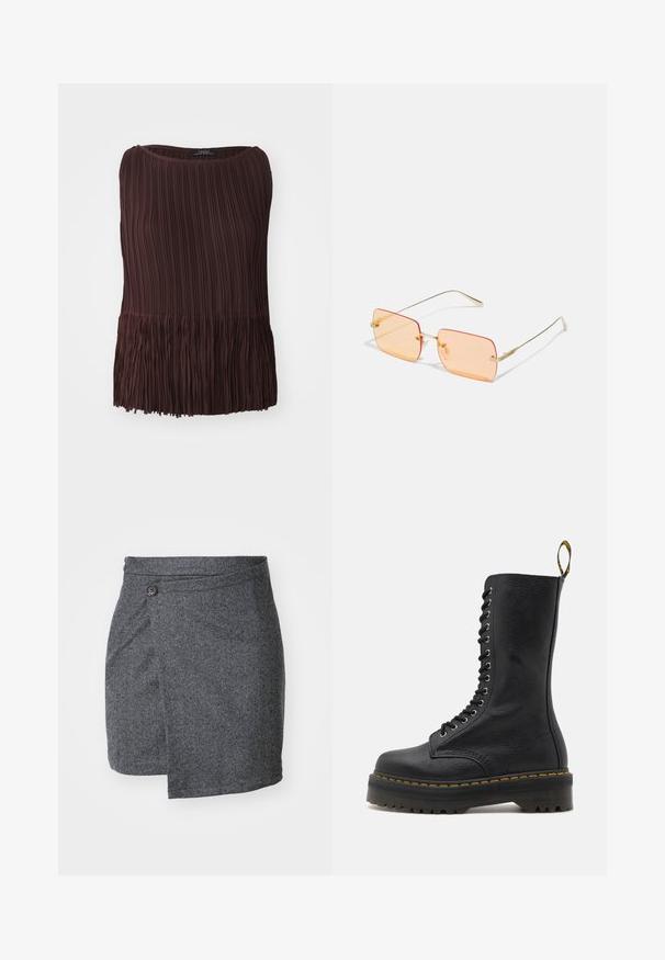 Smeđi plisirani top s okruglim izrezom i resastim rubom. Izrađen od laganog materijala, s vertikalnim i horizontalnim uzorcima teksture.; Siva suknja u uzorku riblje kosti napravljena od teksturirane vune, s jednim dugmetom na struku i asimetričnom donjom rubu.; Crna kožna vojna čizma s visokim gornjim dijelom, vezanjem sprijeda, žutim šavovima i chunky, teksturiranom potplatom. Ima visoki profil gazećeg sloja.; Naočale s okvirom od zlatnog metala s pravokornim lećama narančaste nijanse. Odlikuju se tankim krakovima i suptilnim teksturiranim detaljima u blizini šarki.; Srebrne kružne naušnice s glatkom, poliranom površinom. Okrugli oblik i sigurno kopčanje na klik. Lagani dizajn pogodan za svakodnevno nošenje.