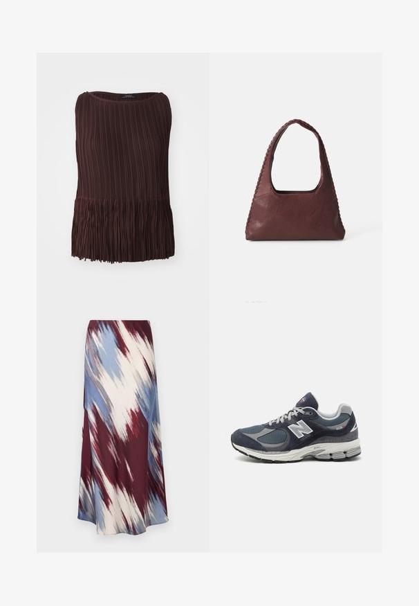 Barna pliszírozott felső kerek nyakkal és bojtossal. Könnyű anyagból készült, függőleges és vízszintes textúrájú mintákkal rendelkezik.; Hosszú szoknya, amelynek átlós, batikolt mintázata bordó, kék és krém színekben készült, puha anyagból, amely áramló sziluettel és enyhe fénylő felülettel rendelkezik.; Új Balance sportcipők sötétkék hálós és velúr felsőrésszel, szürke kiegészítőkkel, fehér logóval, párnázott talppal és texturált részletekkel.; Burgundi bőr kézitáska, háromszög alakú, nyitott tetejű, fonott részletekkel a húzón. Simább tapintású, matt felülettel.