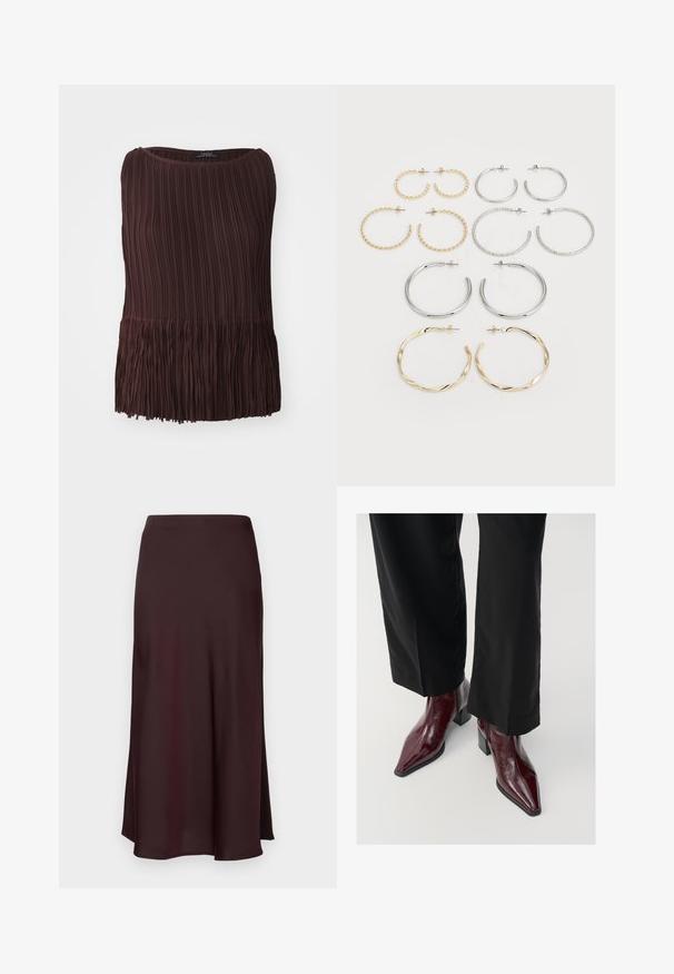 Braunes, plissiertes Oberteil mit Rundhalsausschnitt und fransigem Saum. Aus leichtem Material gefertigt, mit vertikalen und horizontalen Strukturmustern.; Bordeauxsatin Midi-Rock mit glatter Textur, geradem Schnitt und leicht ausgestellt Saum. Keine sichtbaren Muster oder Hardwaredetails.; Burgunderfarbene Lackleder-Ankle Boots mit spitzer Zehe, klobigem Absatz und strukturierter Oberfläche, kombiniert mit schwarzen, weit geschnittenen Hosen.; Set aus zwölf Ohrhängern in Silber- und Goldtönen. Enthält gedrehte, glatte und strukturierte Designs in verschiedenen Größen und Oberflächen.