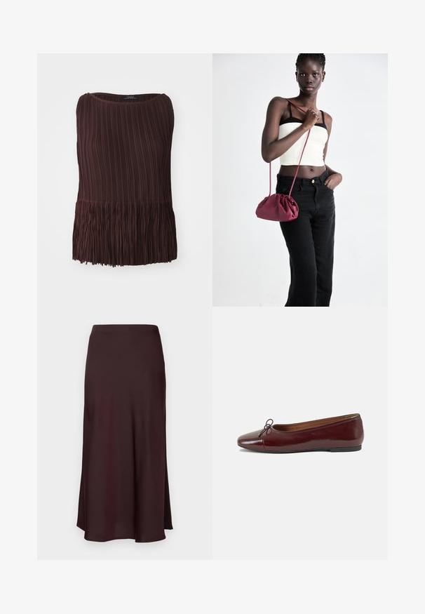 Pruun volditud topp ümmarguse kaelusega ja frentšiga äärisega. Valmistatud kergest materjalist, sisaldab vertikaalseid ja horisontaalseid tekstuurimustreid.; Burgundia satiinist midi-seelik sujuva tekstuuriga, sirge lõikega ja veidi laieneva hemiga. Ei ole nähtavaid mustreid ega metallosi.; Burgundi patendnahk kingad balletitüüpi, ümmarguse ninaosa, ees väike paelaaktsent ja madal must kummist tald. Sile tekstuur.; Burgundia pehmeast kangast käekott, millel on kokkuvõetud disain ja pikk rihm, kantud üle keha. Mudel kannab valget crop-topi ja musti teksaseid.