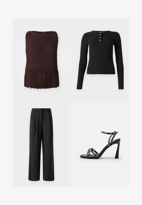 Top marrone a pieghe con scollo rotondo e orlo frangiato. Realizzato in materiale leggero, presenta motivi di texture verticali e orizzontali.; Top nero a maniche lunghe con coste, caratterizzato da un girocollo e un'apertura con cinque bottoni di piccole dimensioni e chiari. Texture morbida, design aderente.; Pantaloni neri a gamba larga realizzati in tessuto testurizzato, con pieghe frontali e una vita sartoriale, progettati per una vestibilità ampia.; Sandalo nero con tacchi alti, caratterizzato da una cintura larga, accenti di borchie e un design elegante; presenta una chiusura con fibbia e una finitura liscia.