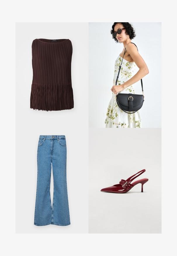 Barna pliszírozott felső kerek nyakkal és bojtossal. Könnyű anyagból készült, függőleges és vízszintes textúrájú mintákkal rendelkezik.; Világoskék, trapézszárú farmernadrág, magas derékkal, öt zsebbel és egy gombos záródással. Puha tapintású, magasított effektusú anyag.; Piros lakkbőr slingback sarokcipő, hegyes orral, két csatoló pánttal és vékony, közepes magasságú stiletto sarokkal. Simább textúrájú.; Fekete bőrtáska ívelt formával, levehető pánttal és arany színű fémrészekkel. A táskán egy csattal díszített fedél található.
