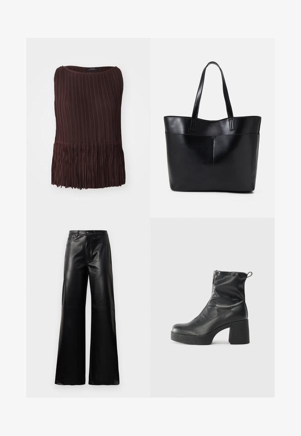 Hnědý skládací top s kulatým výstřihem a třásňovým lemováním. Vyrobený z lehkého materiálu, má vertikální a horizontální textury.; Černé kalhoty s vysokým pasem a širokými nohavicemi z umělé kůže, s předním knoflíkem, zipovým zapínáním, poutky na pás a bočními kapsami na bílém pozadí.; Černé kotníkové boty vyrobené z hladké kůže, s bočním zipem, robustním strukturovaným podpatkem a kulatou špičkou.; Černá kožená taška s dlouhými ušima, hladkým povrchem a strukturovaným tvarem. Obsahuje přední kapsu pro další úložný prostor.