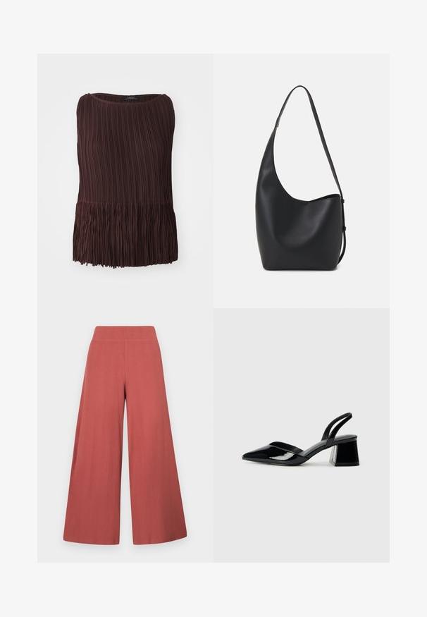 Bruine plissé top met een ronde halslijn en franjes aan de onderkant. Gemaakt van lichtgewicht materiaal, met verticale en horizontale textuurpatronen.; Wijde broekspijpen in een roestkleur, gemaakt van gestructureerde stof met verticale ribbels. Voorzien van een hoge, elastische tailleband.; Zwarte gepatineerde leren slingback hakken met een spitse neus en een geometrische blokhak. Kenmerkt zich door een slank, minimalistisch ontwerp en een gladde textuur.; Zwarte leren hobo tas met een gladde textuur, kromme vorm en een enkele verstelbare schouderband; heeft een brede opening aan de bovenkant.