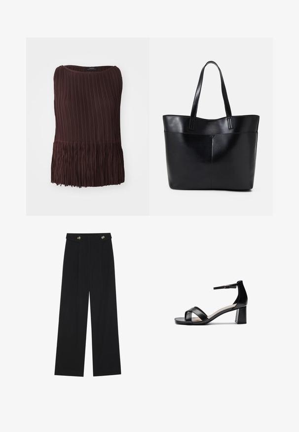 Barna pliszírozott felső kerek nyakkal és bojtossal. Könnyű anyagból készült, függőleges és vízszintes textúrájú mintákkal rendelkezik.; Fekete, bő szárú nadrág magas derékkal, gombos részletekkel a derékrészen és elülső pliszékkal.; Fekete, nyitott orrú, sarokkal ellátott szandál keresztbe tett pántokkal, állítható bokapánttal és vastag sarokkal, sima bőrtapintással.; Fekete bőr bevásárlótáska két hosszú fogantyúval, sima felülettel és strukturált formával. Elülső zseb található rajta a plusz tárolás érdekében.