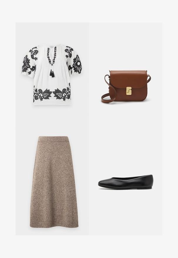 Blusa bianca a maniche corte con ricami floreali neri sulle maniche, sul collo e sul bordo, caratterizzata da un fiocco con due nappine nere nella parte anteriore.; Gonna in maglia di una calda tonalità marrone con un motivo testurizzato, vita aderente e silhouette svasata, con dettagli a coste sull'orlo.; Paul Smith TOPANGA - Ballerine - black; Borsa a tracolla in pelle marrone con chiusura a pattina, hardware color oro, tracolla e una finitura liscia. Forma rettangolare compatta.