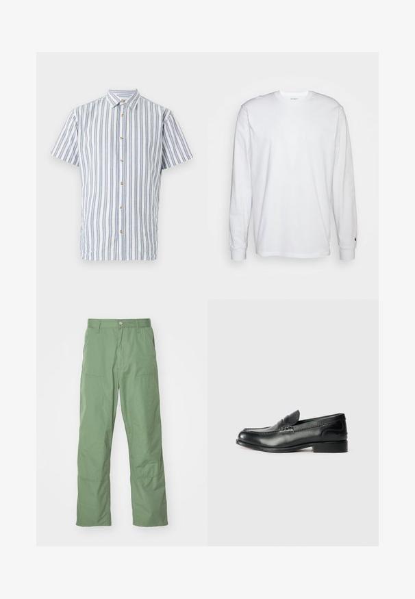 Košulja kratkih rukava u svijetloplavim i bijelim prugama, s kopčanjem na gumbe i bež gumbima. Izrađena od teksturiranog materijala.; Bijela dugopruga majica s dugim rukavima od pamuka. Dizajn s okruglim izrezom, rebrastim manžetama i malim logotipom na lijevom rukavu. Glatka tekstura.; Svijetlo zelene hlače opuštenog kroja od glatkog materijala, sa bočnim džepovima i vidljivim šavovima. Punog su dužine s ravnim krojem.; Crne kožne mokasine s glatkom finisiranjem, šivanim detaljima duž gornjeg dijela i lagano povišenim petama.