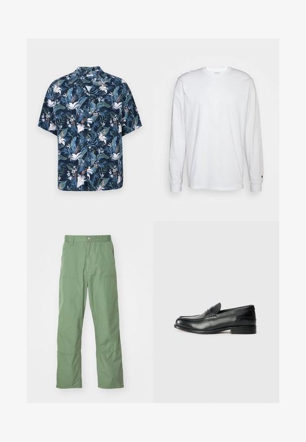 Tamsiai mėlyna trumpomis rankovėmis marškinėliai su gėlių raštu. Puošniai atvaizduoti tropiniai lapai ir balti žiedai, su apykakle ir mygtukų užsegimu.; Balta, ilga rankovė T-maiša, pagaminta iš medvilnės. Apvalios iškirptės dizainas su raukiniais ant rankovių ir nedidelis logotipas ant kairės rankovės. Glotni tekstūra.; Šviesiai žali, laisvo kirpimo kelnės su lygiu paviršiumi, turinčios šonines kišenes ir matomas siuvimo detales. Pilno ilgio, tiesaus kirpimo dizainas.; Juodos odinės loafer tipo bateliai su lygiu paviršiumi, siuvinėjimu per priekį ir šiek tiek pakelta pakulne.