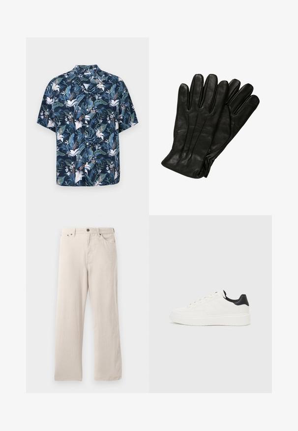 Košile s krátkým rukávem v tmavě modré barvě s květinovým potiskem. Obsahuje tropické listy a bílé květy, s límečkem a zapínáním na knoflíky.; Béžové kordové kalhoty s rovnou siluetou, s ribovanou texturou, pěticí kapsami a zapínáním na knoflíky.; Bílé kožené tenisky s vyraženým vzorem, strukturovanou bílou mezipodešví a černým akcentem na patě. Mají zaoblenou špičku a ploché šňůrky.; Černé kožené rukavice s hladkým povrchem, pěti prsty a jemnými švy. Klasický design, vhodný pro použití v chladném počasí.
