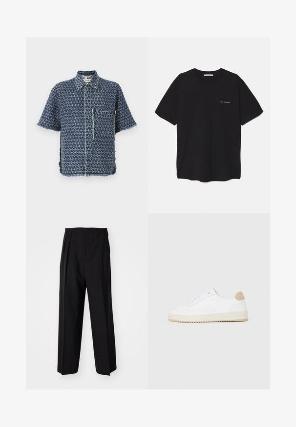 Camisa de mangas curtas feita de tecido azul texturizado com um padrão xadrez, com um bolso frontal e bordas desfiadas. Gola abotoada.; T-shirt preta de algodão com gola redonda, mangas curtas e impressão de logó tipo branca no lado esquerdo do peito. Design simples, de cor sólida.; Calças pretas plissadas com um design reto e de perna larga. Feitas de um tecido liso, apresentam um fecho de botão e passantes para cinto.; Sapatilhas brancas de cano baixo com parte superior em couro texturizado, sola cream estriada e detalhe em tan no calcanhar. Apresenta atacadores brancos e detalhe do logótipo no calcanhar.