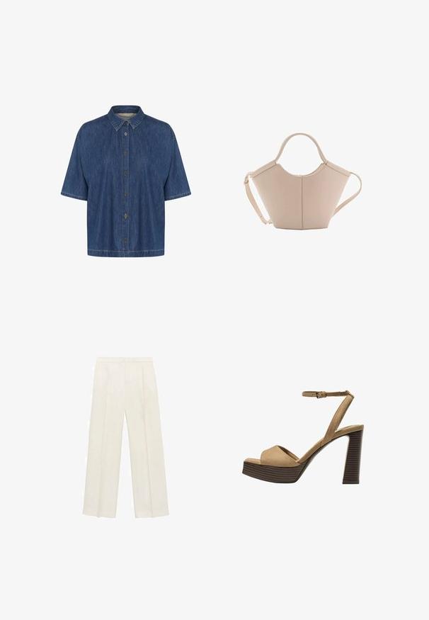 Krátký rukáv džínsová košile v tmavě modré barvě, s špičatým límcem a předním zapínáním na knoflíky; jemná textura s viditelnými švy.; Kalhoty s širokými nohavicemi v světle krémové barvě. Vyrobené z hladké tkaniny s záhyby vpředu a bočními kapsami.; Bežové semišové sandály na vysokém podpatku s širokým předním páskem a páskem kolem kotníku, s masivním dřevěným blokovým podpatkem s texturovaným povrchem.; Beige kožená kabelka s jedinečným tvarem, vybavená dvěma krátkými uchy a dlouhým nastavitelným popruhem. Hladká textura s minimem kovových doplňků.