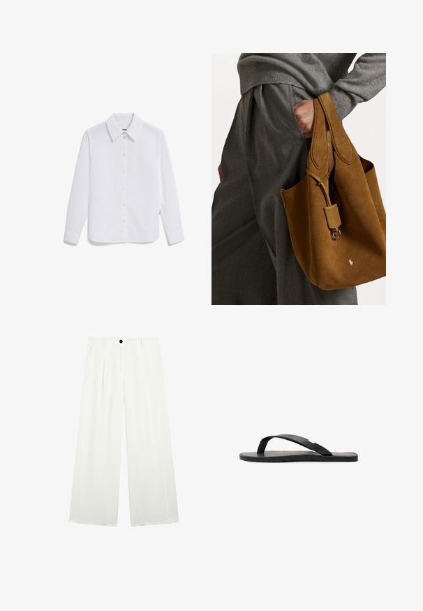 Witte button-up shirt van glad katoen, met een klassieke kraag, lange mouwen en manchetten met één knop. Geen patronen of accenten.; Wijd uitlopende broeken van witte stof, met een enkele zwarte knop bij de taille, twee frontzakken en een gladde, strakke textuur.; Zwarte flip-flop sandaal met een platte zool, zwarte textuur inlegzool, gladde bandjes en een kleine gouden accent bij de teenpost.; Bruine suède tote bag met een ronde vorm, dubbele handvatten en een metalen hardware accent. Heeft een klein logo aan de voorkant.