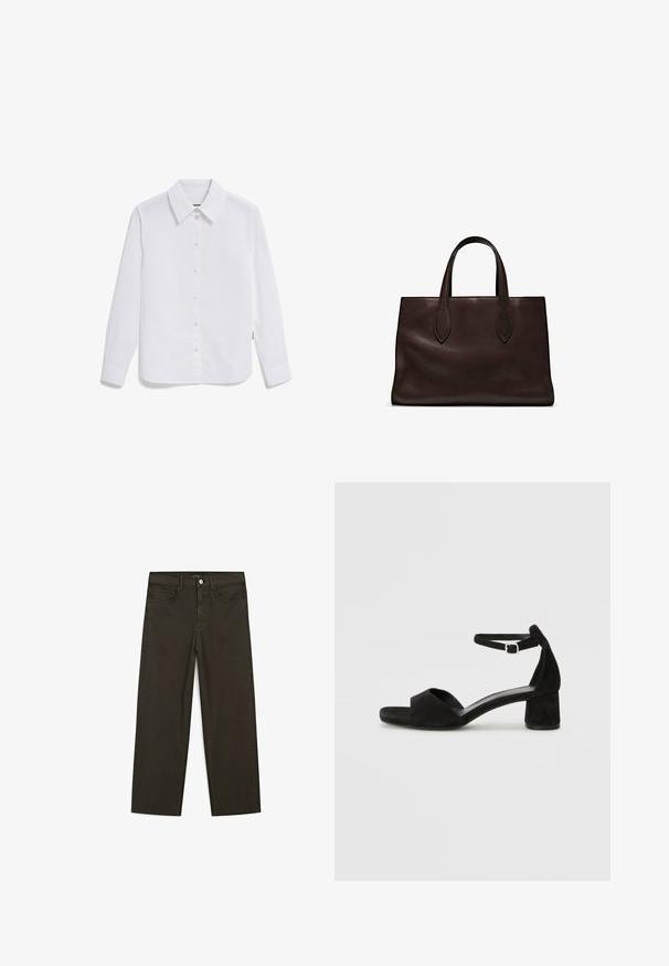 Weißes Hemd aus glattem Baumwollstoff, mit klassischem Kragen, langen Ärmeln und Ein-Knopf-Manschetten. Keine Muster oder Akzente.; Dunkelgrüne Jeans im weit geschnittenen Style, hergestellt aus einem Baumwollgemisch. Sie verfügen über einen Frontknopfverschluss, fünf Taschen und klassische Denim-Nähte.; Schwarze Wildleder-Espadrilles mit einem dünnen Knöchelriemen, offener Zehenpartie und moderatem Blockabsatz. Glatte Textur und minimale Akzente.; Braune Ledertasche mit zwei langen Griffen, strukturierte rechteckige Form, glatte Textur und dezente Nähdetails.