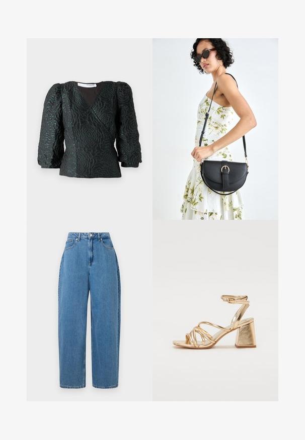 Top nero con un motivo floreale testurizzato, design a portafoglio e maniche a sbuffo. Realizzato con un materiale lucido che presenta accenti di verde scuro.; Pantaloni in denim azzurro chiaro con vestibilità a gamba dritta, vita alta e chiusura frontale con bottone. Caratterizzati da cinque tasche e dettagli di cucitura minimi.; Sandali con tacco oro metallici caratterizzati da un design a strisce, tacco quadrato e cinturino regolabile alla caviglia con fibbia. Texture liscia.; Borsa a tracolla nera in pelle con una forma curva, manico rimovibile e accessori dorati. La borsa presenta una patta con un dettaglio a fibbia.