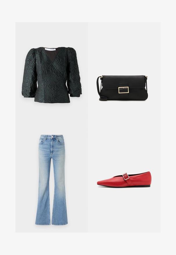 Schwarzes Oberteil mit einem strukturierten Blumenmuster, Wickeldesign und Puffärmel. Hergestellt aus einem glänzenden Material mit tiefen Petrolakzenten.; Helle blaue Schlagjeans aus Denim mit hoher Taille, fünf Taschen und subtilem Farbverlauf bis zum Saum.; Rote Leder-Ballerina mit einer spitzen Zehe, ausgestattet mit einem Seitenriemen mit einer Metallschnalle und einem niedrigen schwarzen Absatz. Glatte Textur über die gesamte Fläche.; Schwarze Leder-Clutch mit Klappe und goldfarbenem Metallschnallen-Detail. Enthält einen schwarzen Riemen und ein schlankes, minimalistisches Design.; Silberne Creolen mit minimalistischem Design. Rundform, glatte Oberfläche und dünnes Profil. Leichtgewichtig mit hochglänzender Oberfläche.