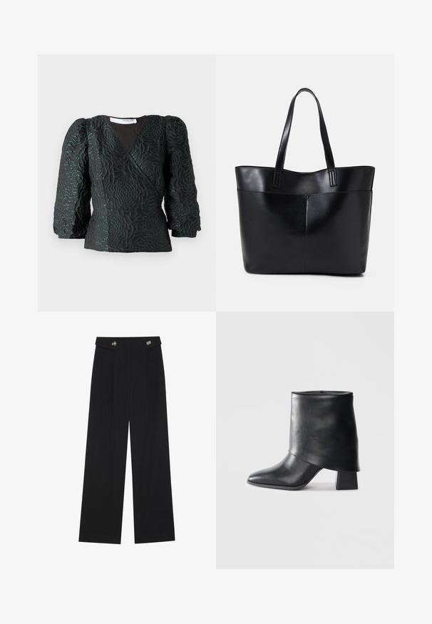 Top nero con un motivo floreale testurizzato, design a portafoglio e maniche a sbuffo. Realizzato con un materiale lucido che presenta accenti di verde scuro.; Pantaloni neri a gamba larga con vita alta, dettagli con bottoni in vita e pieghe frontali.; Stivale in pelle nera alla caviglia con punta affusolata, texture liscia e tacco a blocco strutturato. Presenta un design con risvolto alto.; Borsa a tracolla in pelle nera con due manici lunghi, una texture liscia e una forma strutturata. Presenta una tasca frontale per ulteriore spazio di archiviazione.