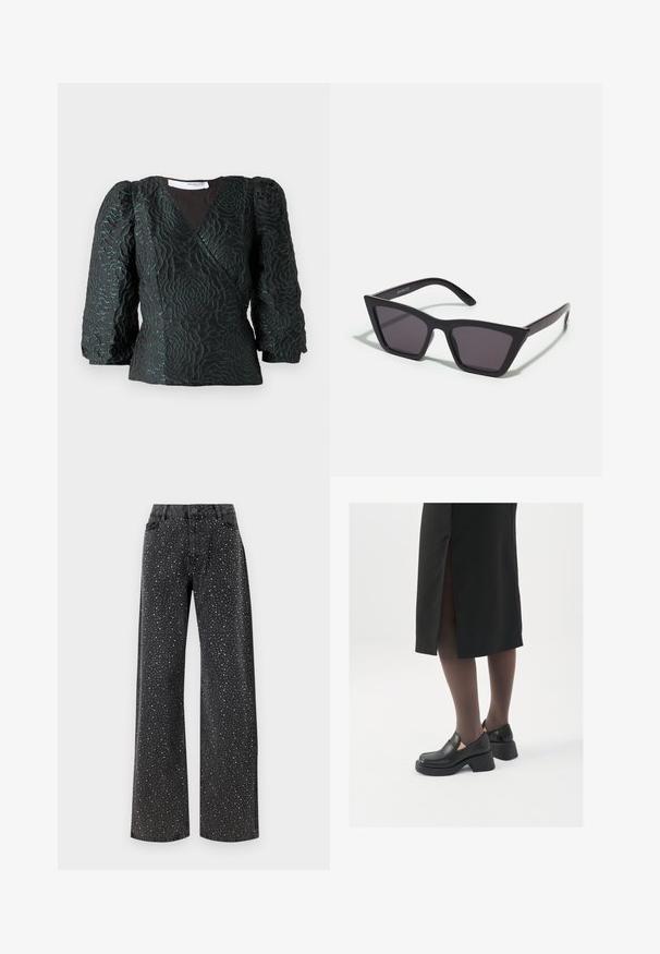 Sort top med et tekstureret blomstermønster, omslag design og pufærmer. Fremstillet af et glansfuldt materiale med mørke teal accenter.; Noisy May NMJANNEL LOOSE - Jeans Relaxed Fit - black denim; Sorte lædersko med rund tå, kraftig blokhæl og elastiske sideaccentuer, parret med mørke strømpebukser og en sort nederdel med slids.; Sorte, kantede solbriller med grå linser; lavet af plast, med tykke stænger med en glat overflade og ingen synlig hardware.; Sølvøreringe med et minimalistisk design. Cirkulær form, glat tekstur og tynd profil. Letvægtige med en poleret overflade.