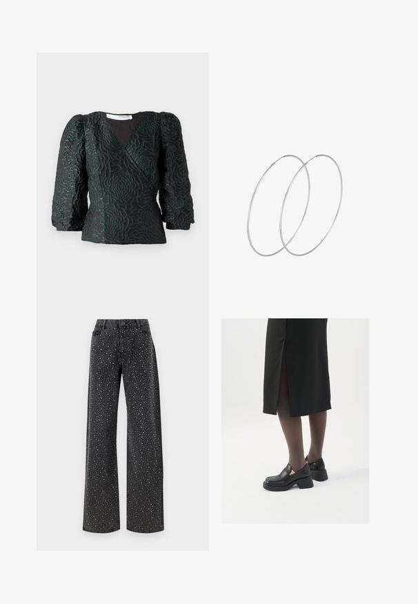 Zwarte top met een textuur van een bloemenpatroon, wikkeldesign en poeffen mouwen. Gemaakt van een glanzend materiaal met donkere teal accenten.; Noisy May NMJANNEL LOOSE - Relaxed fit jeans - black denim; Zwarte leren schoenen met een ronde neus, dikke blokhak en elastische zijkanten, gecombineerd met donkere panty's en een zwarte rok met een split.; Zilveren hoepel oorbellen met een minimalistisch ontwerp. Cirkelvormig, gladde textuur en dun profiel. Lichtgewicht met een gepolijste afwerking.