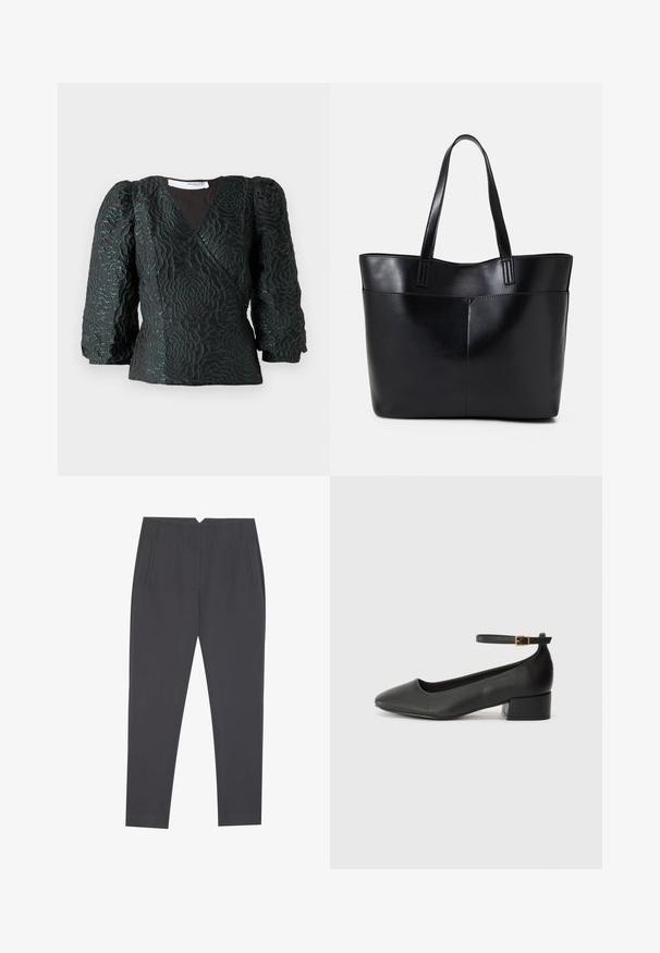 Svart topp med et strukturert blomstermønster, innpakningsdesign og puffede ermer. Laget av et glinsende materiale med mørk teal-detaljer.; Mørk grå tapered bukser med sidelommer og frontplystringer, designet for en skreddersydd passform.; Sorte skinnpumper med spiss tå og lav blokkhelt. Har ankelrem med gullfarget spenne. Glatt tekstur.; Svart lær toteveske med to lange håndtak, en glatt tekstur og en strukturert form. Har en frontlomme for ekstra oppbevaring.