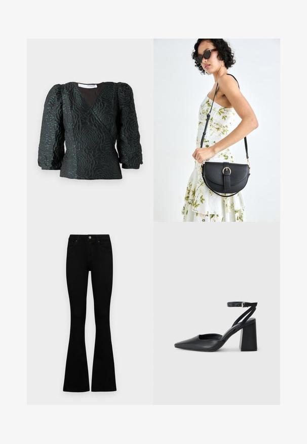 Top preto com um padrão floral texturizado, design envolvente e mangas bufantes. Feito com um material brilhante com detalhes em verde-azulado escuro.; Jeans pretos de cintura alta com fecho de botão e zíper, bolsos frontais e pernas largas dispostos em cima de um fundo branco.; Sandal com biqueira afilada em couro preto, com cinta no tornozelo e salto grosso. Textura lisa, design elegante e estética minimalista.; Bolsa de couro preta com forma curva, alça destacável e detalhes em dourado. A bolsa possui uma aba com detalhe de fivela.