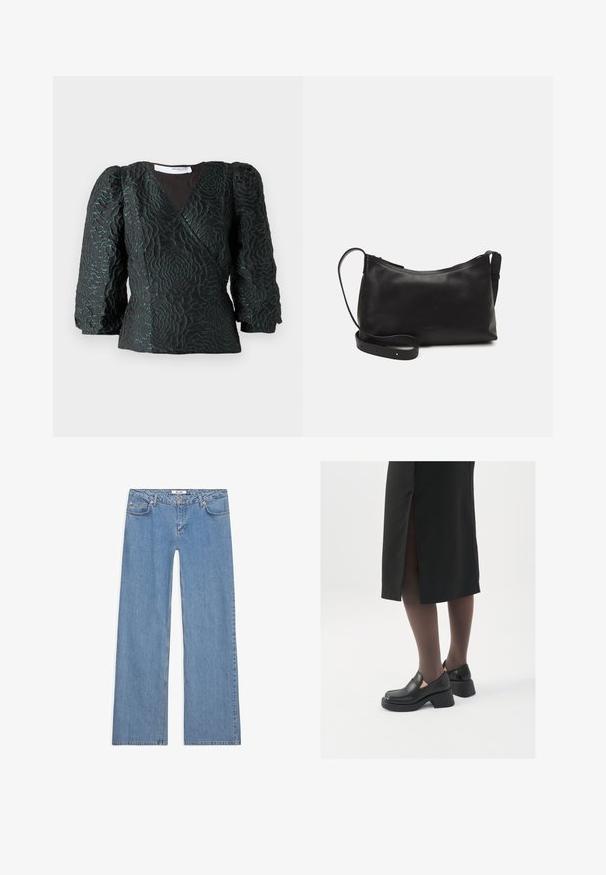Sort top med et tekstureret blomstermønster, omslag design og pufærmer. Fremstillet af et glansfuldt materiale med mørke teal accenter.; Lyseblå vidbenede jeans lavet af denim, med fem lomme-design, knaplukning og syninger langs sømmene og kanterne.; Sorte lædersko med rund tå, kraftig blokhæl og elastiske sideaccentuer, parret med mørke strømpebukser og en sort nederdel med slids.; Sort læder skuldertaske med en glat tekstur, buet form, justerbar rem og lynlås. Minimalistisk design uden udsmykninger.