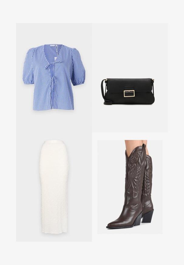 Kék és fehér kockás blúz, rövid puffos ujjakkal, V-kivágással, masni elöl, és laza fazonnal. Könnyű anyagból készült.; Gina Tricot STRUCTURE MAXI SKIRT - Maxiszoknya - white; Barna bőr cowboy csizmák hegyes orral és blokk sarkal, részletes varrással és kiemelkedő díszítésekkel a szárán.; Fekete bőr kézitáska hajtóka részlettel és aranyszínű fém csattal. Tartalmaz egy fekete pántot és egy letisztult, minimális dizájnt.