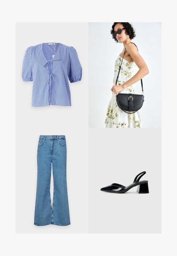 Blå och vit rutigt blus med korta puffärmar, V-hals, knytband fram och en avslappnad passform. Tillverkad av ett lätt tyg.; Ljust blå vida jeans i denim, med hög midja, fem fickor och en enda knappstängning. Mjuk textur med blekt finish.; Svarta lackläder slingback klackar med spetsig tå och geometrisk klack. Har en elegant, minimalistisk design och slät yta.; Svart läderhandväska med en böjd form, avtagbar rem och guldiga detaljer. Väskan har ett lock med en spänndetalj.