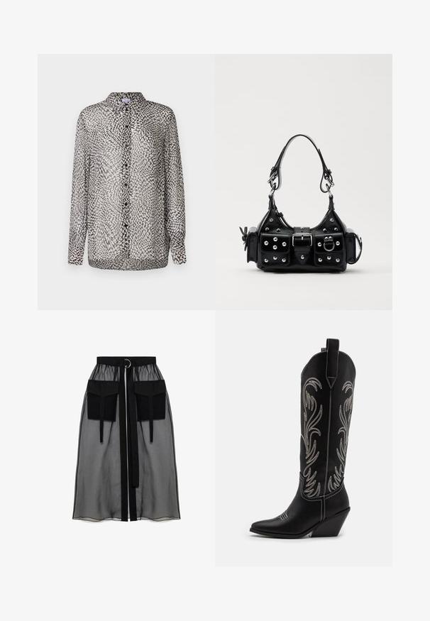 Sheer black and white blouse featuring a button-up front, long sleeves, and an abstract pattern with varying textures.; Black sheer skirt with a gathered waistband, featuring two large front pockets, a waist tie, and a circular metal accent.; Black leather cowboy boots with pointed toes, wedge heels, and silver embroidered floral patterns along the shaft. Contrast stitching throughout.; Black leather handbag with a curved design, featuring silver studs, a buckle, and two side pockets. Adjustable strap for carrying options.