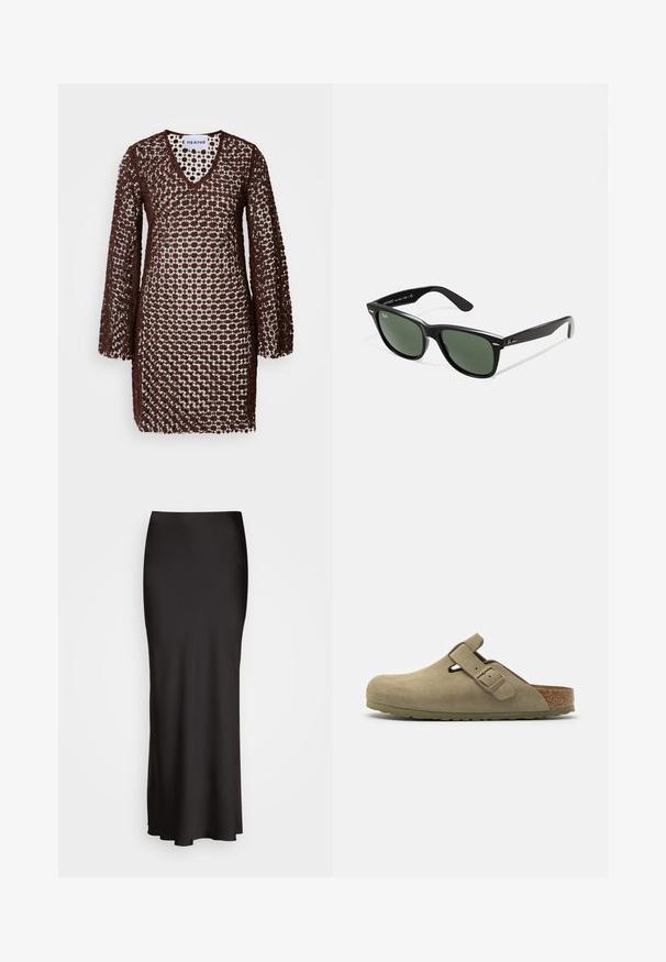 Brun heklede kjole med V-hals, lange ermer og en løs passform. Har et mønsterdesign som lar lys slippe gjennom.; Svart, gulvlange satengsweater med en glatt tekstur, tilpasset livlinje og A-formet silhuett, uten synlige dekorasjoner eller mønstre.; Olivengrønn semsket kloss med rund tå, justerbar stropp, korkfoteng og teksturert gummisåle, med en glatt overflate og utskåret detalj.; Sorte plast-solbriller med grønne linser, firkantede rammer, sølvdetalje på brynene, og teksturerte stangarmen. Angitt merke på indre arm.