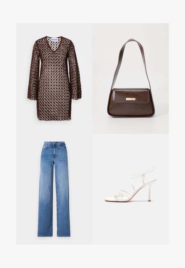 Hnědá háčkovaná šaty s výstřihem do V, dlouhými rukávy a volným střihem. Disponují vzorovaným designem, který umožňuje propustit světlo.; Světlé modré široké džíny vyrobené z denimu, s vysokým pasem, předními kapsami a standardním zapínáním na knoflík. Hladká текстura.; Bílé sandály na vysokém podpatku s tenkým páskem kolem kotníku, plochou špičkou, texturovaným předním dílem s nařasenými detaily.; Hnědá kožená taška přes rameno se strukturovaným tvarem, vybavená magnetickou klopou a metalickým logem na přední straně.; Stříbrné kruhové náušnice s minimalistickým designem. Kruh, hladký povrch a tenký profil. Lehká konstrukce s lesklým povrchem.