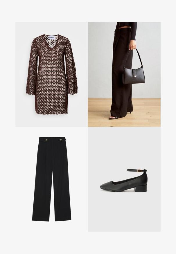 Brūns rokdarbu kleita ar V veida kakla izgriezumu, garām piedurknēm un brīvu piegriezumu. Iekļautas rakstu dizains, kas ļauj gaismai cauri.; Melnas platās bikses ar augstu jostasvietu, pogu detaļām uz jostas un priekšējām krokām.; Melnas ādas sūkņi ar smailu purngalu un zemu bloku papēdi. Iezīmēts ar potītes siksniņu ar zelta krāsas sprādzi. Gluda tekstūra.; Melnā somiņa ar strukturētu formu, gludu tekstūru un metālu sprādzi. Saskaņota ar platām melnām biksēm un sandālēm ar atvērtu purngalu uz koka grīdas.