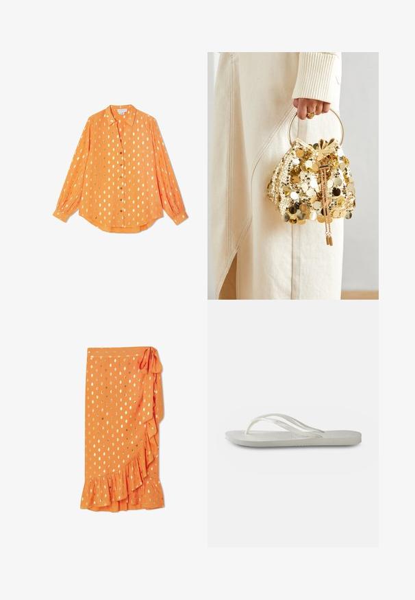 Oranges langärmliges Hemd aus leichtem Stoff, mit goldenen Punkten, Knopfleiste und geknöpften Manschetten, in einem entspannten Schnitt.; Oranger Wickelrock mit goldenen Punkten, Rüschensaum und seitlichem Bindeband. Hergestellt aus leichtem Stoff, mit glatter Textur.; Weiße Flip-Flops mit einer strukturierten Sohle, dünnen Riemen und einem flachen Design. Hergestellt aus Gummi mit einem dezenten Logo auf der Fußsohle.; Goldfarbene Drawstring-Handtasche mit einem runden Griff, verziert mit glänzenden runden Pailletten und einem strukturierten Stoff. Abmessungen sind nicht angegeben.