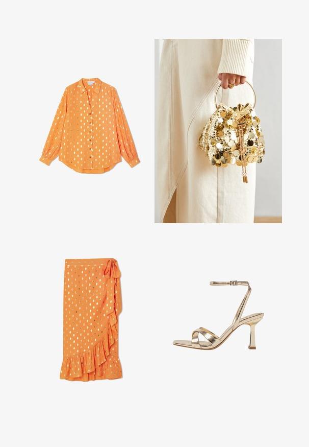Camicia arancione a maniche lunghe in tessuto leggero, con pois dorati, chiusura con bottoni sul davanti e polsini abbottonati, caratterizzata da un design a vestibilità rilassata.; Gonna avvolgente arancione con pois dorati, orlo arricciato e legatura laterale. Realizzata in tessuto leggero, presenta una texture liscia.; Sandal con tacco alto in metallo dorato, design con cinturini intrecciati, cinturino alla caviglia con fibbia e tacco a blocco lucido. Forma della punta quadrata.; Borsa a tracolla con coulisse in paillettes dorate e manico circolare, caratterizzata da paillettes rotonde lucide e un tessuto testurizzato. Le dimensioni non sono fornite.