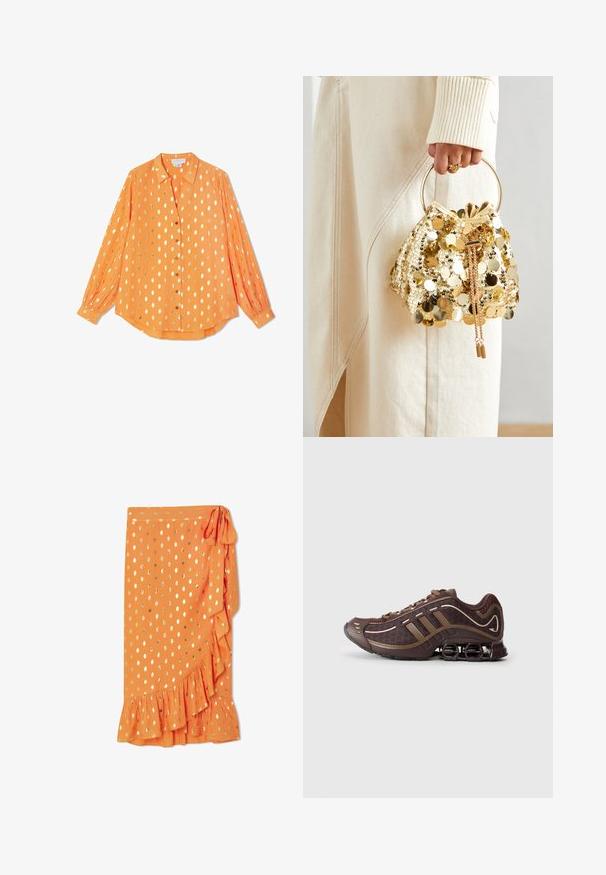 Oranžová košile s dlouhými rukávy vyrobená z lehké tkaniny, zdobená zlatými puntíky, s knoflíkovým zapínáním a manžetami na knoflíky, s uvolněným střihem.; Oranžová sukni s volánkem a zlatými puntíky, s bočním zavázáním. Vyrobena z lehkého materiálu, s hladkým povrchem.; Hnědá sportovní obuv s vrchní částí ze síťoviny a syntetického materiálu, s třemi pruhy, detailním prošitím, polstrovanou podrážkou a charakteristickým pružným podpatkem.; Zlatá taška se šňůrkou a kruhovou rukojetí, pokrytá lesklými kulatými flitry a texturovanou tkaninou. Rozměry nejsou uvedeny.