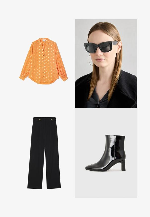 Pomarańczowa koszula z długim rękawem, wykonana z lekkiego materiału, z złotymi kropkami, zapinana na guziki oraz z mankietami na guziki, w luźnym fasonie.; Czarne szerokie spodnie z wysokim stanem, z detalami w postaci guzików na pasku oraz plisami z przodu.; Czarne lakierowane botki za kostkę z wysmukłym noskiem i średniej wysokości obcasem w kształcie słupka. Gładka tekstura i minimalistyczny design.; Czarne okulary w kocim kształcie z ciemnymi soczewkami, grubymi oprawkami i subtelnymi akcentami. Noszone z czarnym płaszczem i szarym topem, z długimi prostymi włosami.