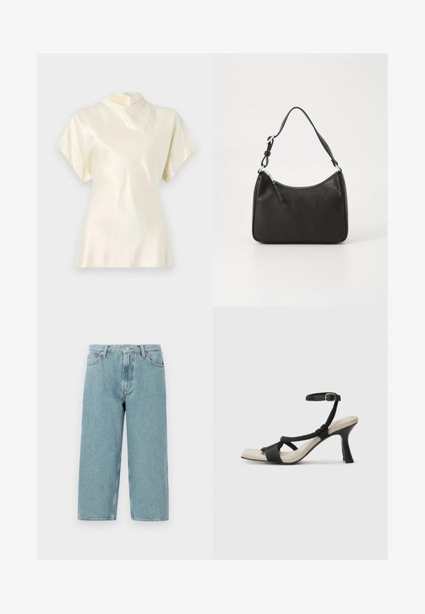 Elfenbensfarvet satin top med høj hals, korte ærmer og en let udvidelse i kanten. Har en diskret lynlås bagpå. Glat tekstur.; Lyseblå denimshorts med høj talje, lige snit og rå kant. Har en klassisk knap- og lynlåslukning samt fire lommer.; Sorte hælede sandal med flettet remdesign, firkantet tå og justerbar ankelrem. Lys beige fodseng med en blank sort hæl.; Sort læderhåndtaske med en buet form, en enkelt rem, lynlås lukning og diskret branding på forsiden. Glat tekstur, minimalistisk design.