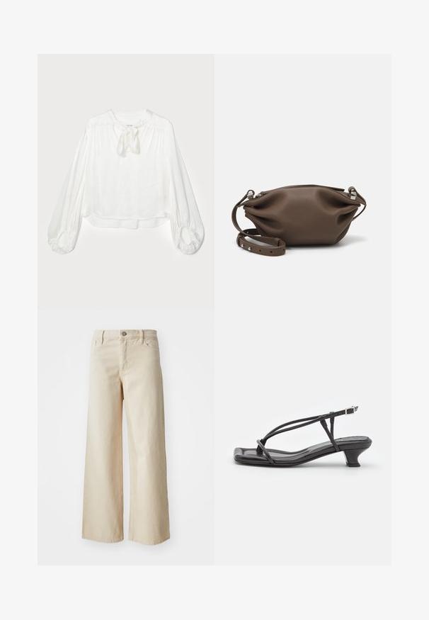 Biela blúzka s okrúhlym výstrihom a detailom s viazanou mašľou. Má dlhé puffové rukávy so zberanými manžetami a voľný strih. Mäkkučká, ľahká tkanina.; Béžové džínsy s širokými nohavicami vyrobené z denimu, so zvýšeným pásom, zapínaním na gombík, pútkami na opasok a bočnými vreckami. Hladká textúra a uvoľnený strih.; Čierne kožené sandále s tenkými remienkami, nízkym blokovým opätkom a štvorcovou špičkou. Majú pracku na uzatvorenie a hladký povrch.; Hnedá kožená kabelka s jemným, štruktúrovaným dizajnom, s horným uzatváraním na zips a nastaviteľným popruhom so striebornými kovovými akcentmi.; Strieborné perlové náušnice s zakriveným, fazuľovým tvarom. Hladký, lesklý povrch a zabezpečené s kolíkom a zadným uzáverom.