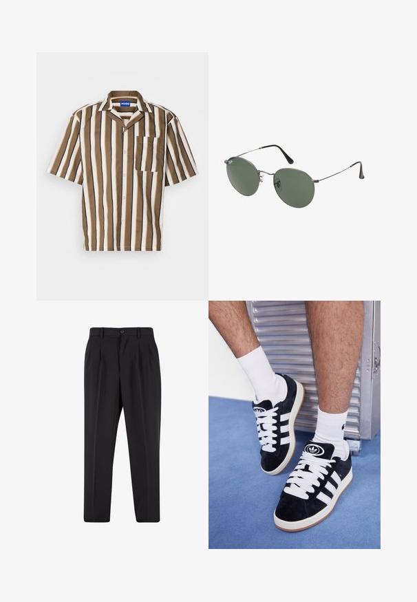 Rövid ujjú ing barna, bézs és fehér függőleges csíkokkal. Különleges gallérral és egyetlen mellzsebbel rendelkezik. Simább anyagból készült.; Fekete nadrág, pliszézett elejű dizájnnal, sima anyagból készült. Gombos záródás és övhurkok jellemzik; egyenes szabású.; Fekete velúr sportcipők fehér fűzőkkel és három fehér csíkkal. A nyelvén egy kör alakú fekete logó található, valamint egy gumis talp.; Fémkeretes napszemüveg ovális zöld lencsékkel. Vékony ezüst színű fémkeret és fekete fülrész. Minimalista dizájn, látható logók nélkül.