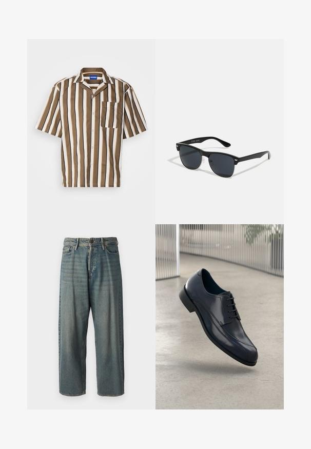 Trumpas rankovėmis marškiniai su ruda, bežine ir balta vertikaliomis juostelėmis. Yra įpjauta apykaklė ir viena krūtinės kišenė. Pagamintas iš glotnaus audinio.; Šviesiai mėlyni džinsai su laisvu siluetu, vidutinio aukščio juosmeniu ir tiesiomis kojomis. Su penkiais kišenėmis, diržo kilpo ir mygtukų uždarymu.; Blizgūs juodi odiniai suknelės batai su raišteliais, skirti pakibti virš lygaus, šviesiai pilko grindų paviršiaus ir vertikalių metalinių strypų fone.; Juodos saulės akinių su stačiakampiu rėmeliu, tamsiais lęšiais, sidabrinėmis detalėmis šventrajose ir matinio paviršiaus rėmeliu.