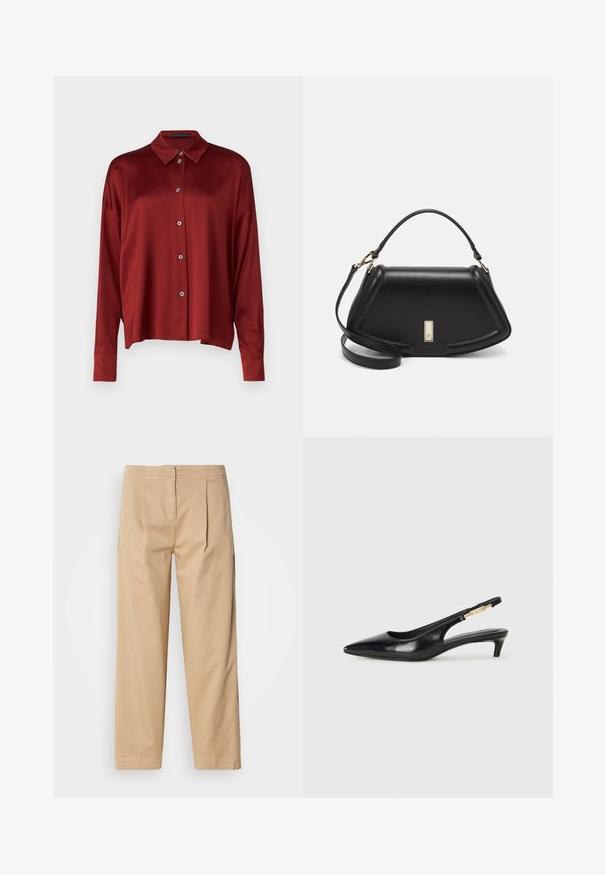 DRYKORN CLOELIA - Skjorta - red; Beige bomullbyxor med avslappnad passform, som har två framveck, raka ben och en klassisk knäppning i midjan.; Svart läder slingback-hälar med spetsig tå, med en smal klack och en guldtonad detalj på den justerbara remmen. Slät textur.; Svart läderhandväska med en strukturerad design, som har en avskuren form, ett handtag upptill och guldiga detaljer. Justerbar axelrem ingår.
