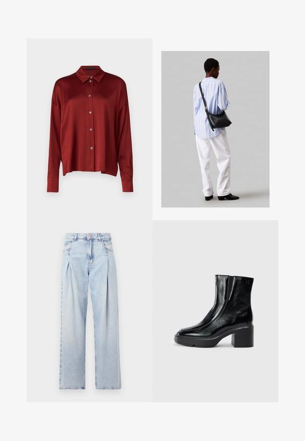 DRYKORN CLOELIA ciemnoczerwony; Jasnoniebieskie dżinsy z wysokim stanem, szerokimi nogawkami, dwoma bocznymi kieszeniami oraz plisowanym wzorem. Miękka tekstura z wyblakłym wykończeniem.; Czarne lakierowane botki za kostkę z zaokrąglonym noskiem, elastycznymi panelami bocznymi i masywnym obcasem blokowym. Posiadają wytłoczone logo z tyłu.; Czarna skórzana torba na ramię o miękkiej fakturze, w kształcie trójkąta, z regulowanym paskiem, połączona z jasnoniebieską koszulą w paski i białymi spodniami.