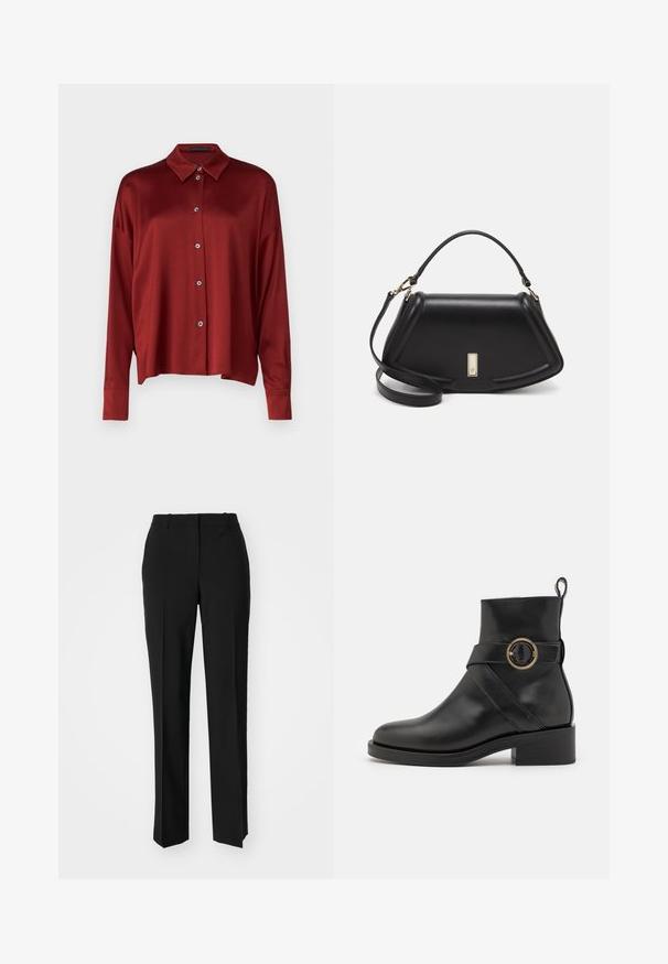 DRYKORN CLOELIA - Skjortebluser - red; Sorte skræddersyede bukser med lige ben-design, der har en glat tekstur og skarpe folder langs fronten. Ingen synlige hardware.; BOSS IRYNA BOOTIE - Plateaustøvletter - black; Sort læderhåndtaske med en struktureret design, der har en kortet form, tophåndtag og guld hardware-accenter. Justerbar skulderrem inkluderet.