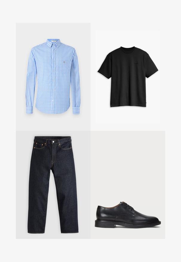 Zila un baltā raiba pogājama krekls ar garām piedurknēm, apkakli un krūšu kabatu. Audums izskatās gluds un viegls.; Melnas kokvilnas T-krekls ar apaļu apkakli un īsām piedurknēm. Iekļauj diskretu priekšējo logotipu un taisnu apakšmali. Vienkāršs un minimālistisks dizains.; Tumši zili džinsi ar taisnu piegriezumu, piecām kabatām, kontrastējošiem apelsīnu diegiem un ar pogu aizdari. Nav redzamu rakstu vai rotājumu.; Melnas ādas kleitu kurpes ar apaļu purngalu, auklu dizainu un zemu sakrautu papēdi. Gluda virsma ar minimālām šuvju detaļām.