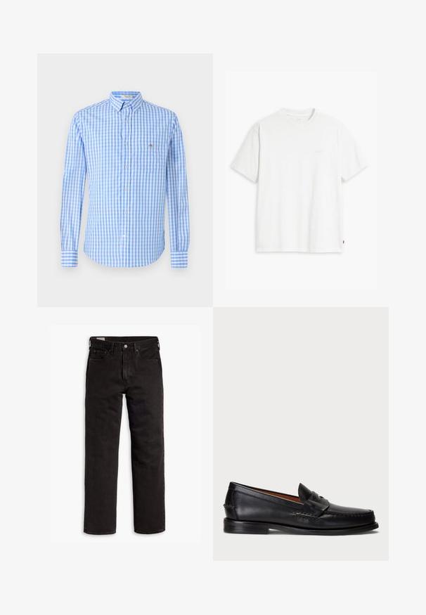 Μπλε και λευκό καρό πουκάμισο με κουμπιά, μακρύ μανίκι, γιακά και τσέπη στο στήθος. Ο ύφασμα φαίνεται λείο και ελαφρύ.; Λευκό βαμβακερό μπλουζάκι με κοντά μανίκια, απλό λαιμόκοψη και διακριτό λογότυπο της Levi's τυπωμένο στο κέντρο. Μαλακή υφή και κανονική εφαρμογή.; Μαύρα τζιν παντελόνια σε ευθεία γραμμή με πέντε τσέπες, κουμπί κλεισίματος και θηλιές ζώνης, απλωμένα σε λευκό φόντο.; Μαύρο δερμάτινο μοκασίνι με στρογγυλή μύτη, ραφές και διακοσμητική λωρίδα μπροστά. Λείος πάτος με ελάχιστο προφίλ.