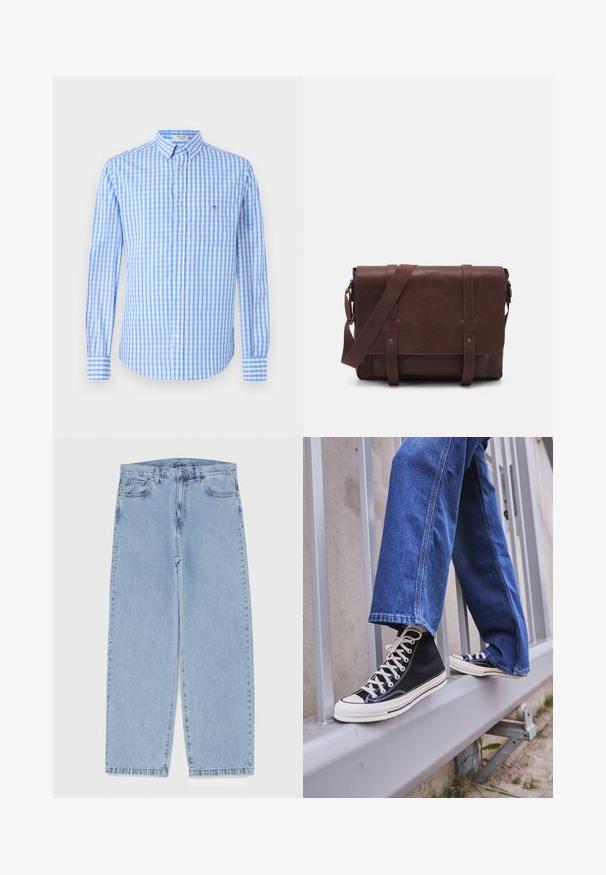 Modra in bela karirano srajco z gumbi in dolgimi rokavi, ovratnikom in žepom na prsih. Tkanina se zdi gladka in lahka.; Svijetloplave traperice s ravnim nogavicama, srednjeg struka, pet džepova te zatvaranjem na gumb i munju.; Črne visoke teniske z belim podplatom in vezalkami, v kombinaciji z ohlapnimi modrimi džinsom, naslonjene na sivo ograjo.; Rjava usnjena torba za sporočila z ravnim sprednjim poklopcem, dvema trakovoma, zlatimi kovinskimi detajli in nastavljivim naramnim pasom.