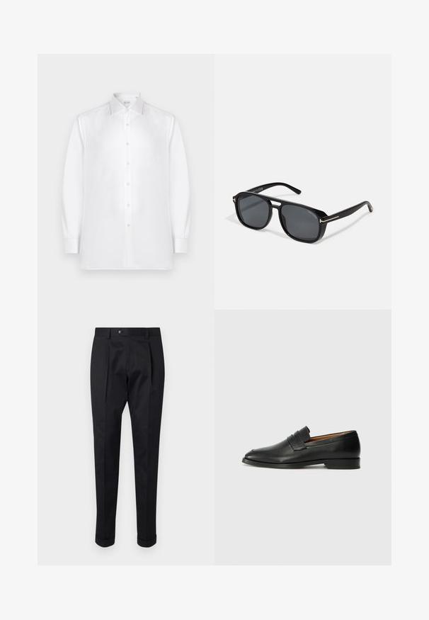 Camicia bianca a maniche lunghe con bottoni, realizzata in tessuto morbido, caratterizzata da un colletto standard e una fila di bottoni simili a perle sul davanti.; Pantaloni neri realizzati in un tessuto liscio, con una piega sul davanti, chiusura con bottone e risvolti alla caviglia.; Mocassino in pelle nera con punta arrotondata, dettagli cuciti sottili e tacco basso, caratterizzato da una texture liscia e un design minimalista.; Occhiali da sole neri con lenti grigie, caratterizzati da eleganti dettagli in oro sulle stanghette e una montatura opaca per un aspetto contemporaneo.